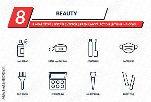 beauty icons set - hair spray, little makeup box, concealer, face mask, bobby pins outline vector collection.