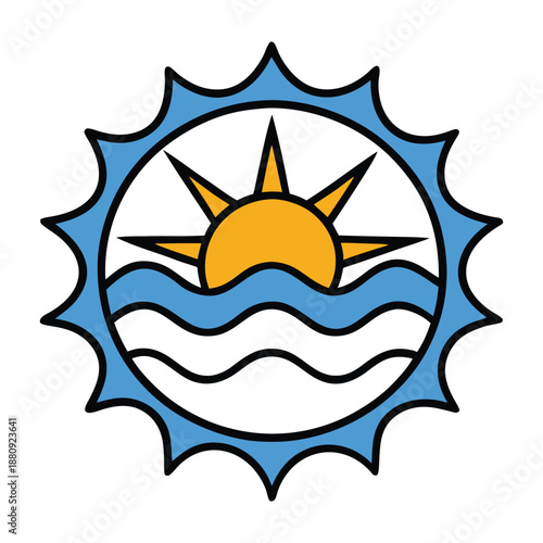 A serene tide beneath a glowing sun, gentle waves catch golden light, blending calm blues and warm hues into a peaceful coastal design.
