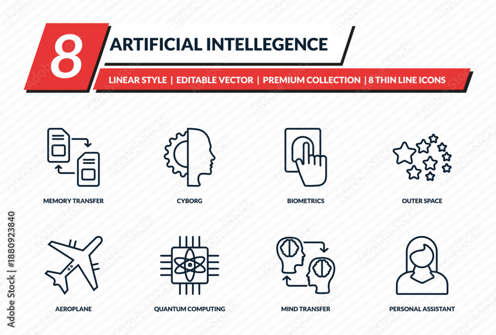 Fototapeta premium artificial intellegence icons set - memory transfer, cyborg, biometrics, outer space, personal assistant outline vector collection.