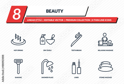 beauty icons set - hot spring, spa tools, teeth brush, relaxing massage, stone massage outline vector collection.