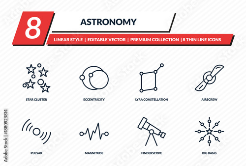 astronomy icons set - star cluster, eccentricity, lyra constellation, airscrew, big bang outline vector collection.