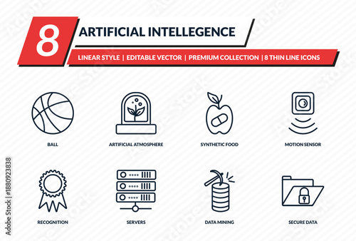 artificial intellegence icons set - ball, artificial atmosphere, synthetic food, motion sensor, secure data outline vector collection.