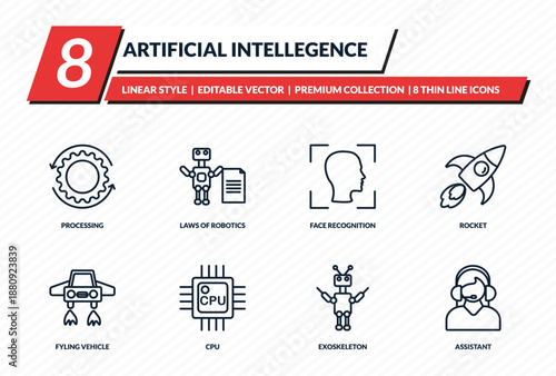 artificial intellegence icons set - processing, laws of robotics, face recognition, rocket, assistant outline vector collection.