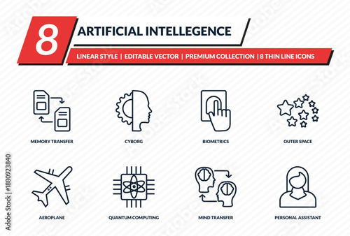 artificial intellegence icons set - memory transfer, cyborg, biometrics, outer space, personal assistant outline vector collection.