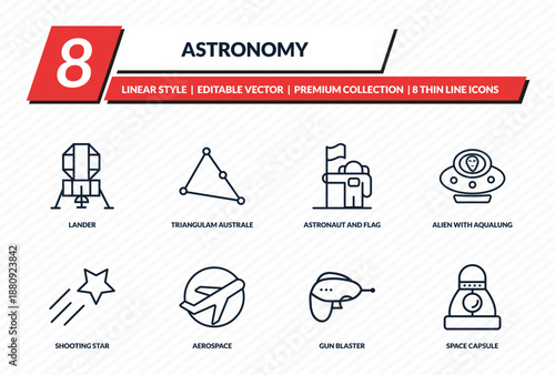 astronomy icons set - lander, triangulam australe, astronaut and flag, alien with aqualung, space capsule outline vector collection.