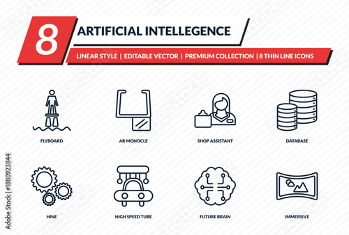 artificial intellegence icons set - flyboard, ar monocle, shop assistant, database, immersive outline vector collection.