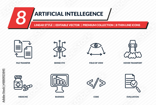 artificial intellegence icons set - file transfer, bionic eye, field of view, hover transport, evaluation outline vector collection.