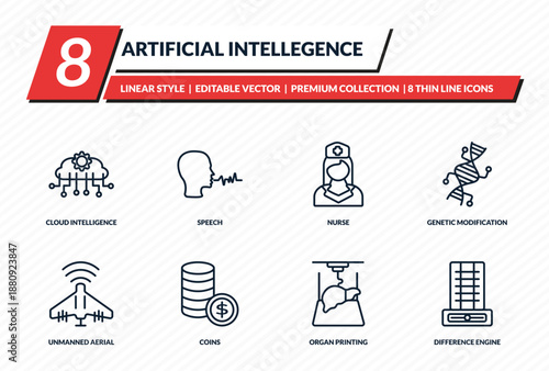 artificial intellegence icons set - cloud intelligence, speech, nurse, genetic modification, difference engine outline vector collection.