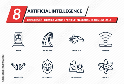artificial intellegence icons set - train, motorway, hyperloop, infrared, science outline vector collection.