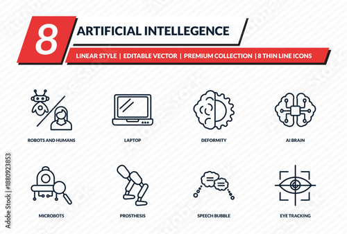artificial intellegence icons set - robots and humans, laptop, deformity, ai brain, eye tracking outline vector collection.