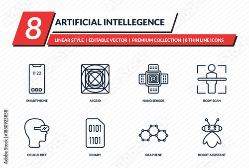 artificial intellegence icons set - smartphone, ai grid, nano sensor, body scan, robot assistant outline vector collection.