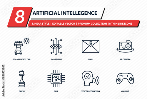 artificial intellegence icons set - solar energy car, smart lens, mail, ar camera, gaming outline vector collection.