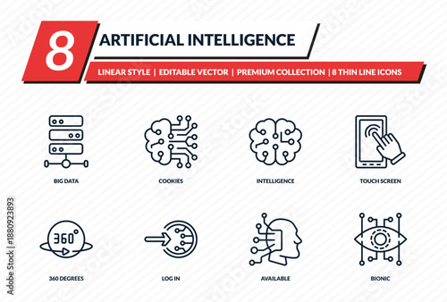 artificial intelligence icons set - big data, cookies, intelligence, touch screen, bionic outline vector collection.