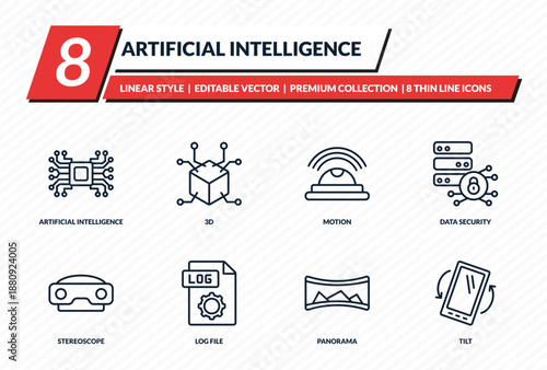 artificial intelligence icons set - artificial intelligence, 3d, motion, data security, tilt outline vector collection.