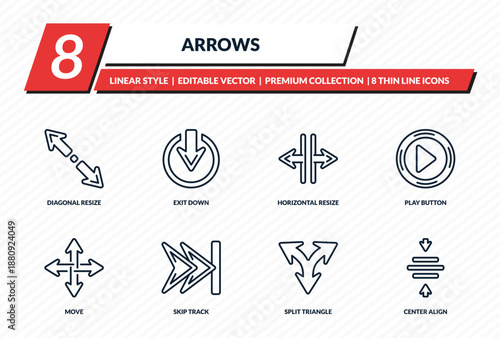 arrows icons set - diagonal resize, exit down, horizontal resize, play button, center align outline vector collection.