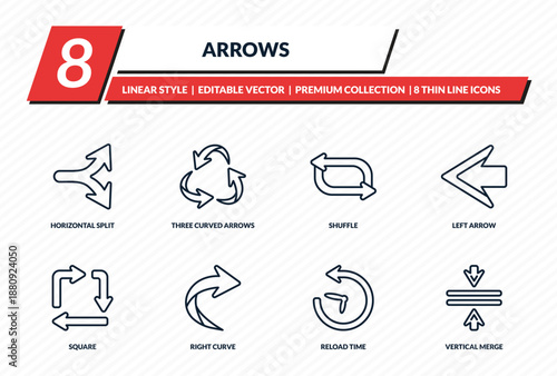 arrows icons set - horizontal split, three curved arrows, shuffle, left arrow, vertical merge outline vector collection.