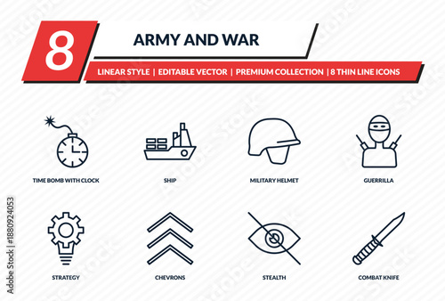 army and war icons set - time bomb with clock, ship, military helmet, guerrilla, combat knife outline vector collection.