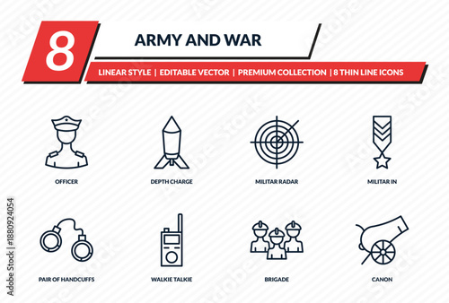 army and war icons set - officer, depth charge, militar radar, militar in, canon outline vector collection.