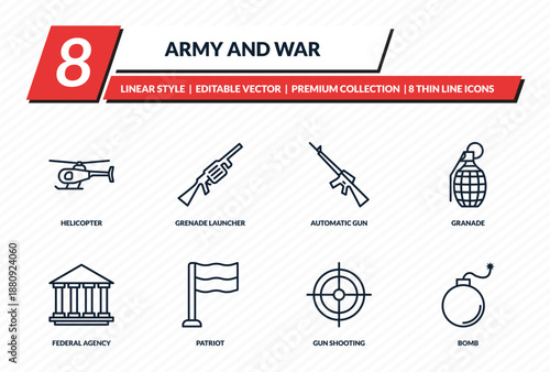 army and war icons set - helicopter, grenade launcher, automatic gun, granade, bomb outline vector collection.
