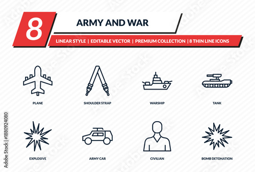 army and war icons set - plane, shoulder strap, warship, tank, bomb detonation outline vector collection.