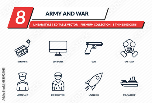 army and war icons set - dynamite, computer, gun, gas mask, militar ship outline vector collection.