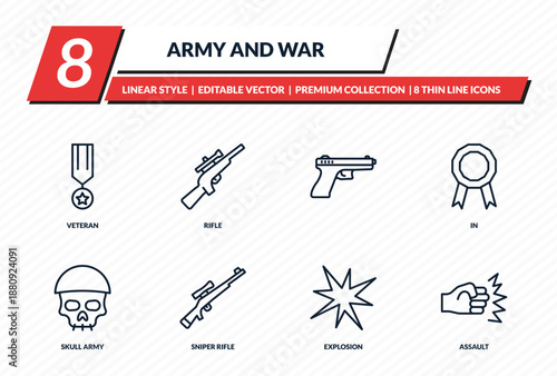 army and war icons set - veteran, rifle, , in, assault outline vector collection.