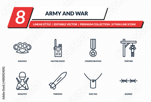 army and war icons set - knuckle, militar radio, condecoration, torture, barbed outline vector collection.
