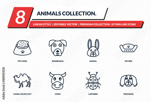 animals collection. icons set - pet food, boxerhead, animal, pet bed, pekingese outline vector collection.