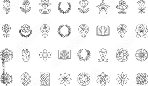Collection of 25 line icons depicting flowers, feminist symbols, books, and ribbons on white background