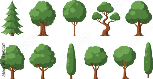 Set of flat green tree icons featuring various species including pine oak cypress and maple isolated on a white background