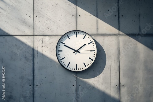 Wallpaper Mural Minimalist Round Analog Wall Clock on Textured Industrial Concrete Wall with Dramatic Diagonal Sunlight and Sharp Shadow, Modern Architectural Interior Design
Generative Ai. Torontodigital.ca