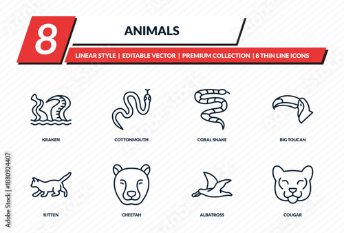 animals icons set - kraken, cottonmouth, coral snake, big toucan, cougar outline vector collection.