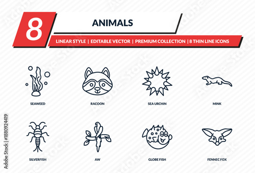 animals icons set - seaweed, racoon, sea urchin, mink, fennec fox outline vector collection.