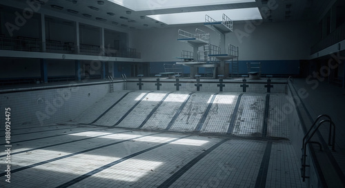 Abandoned Indoor Swimming Pool with Diving Boards