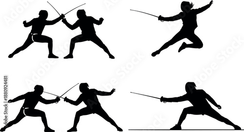 Black and White Fencing Sport Silhouettes Collection Featuring Athletes in Competition Poses Lunging Parrying and Attacking on White Background