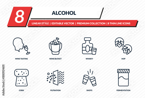 alcohol icons set - wine tasting, wine bucket, whisky, hop, fermentation outline vector collection.