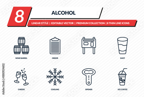 alcohol icons set - wine barrel, order, , shot, ice coffee outline vector collection.