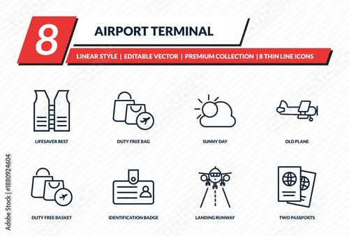 airport terminal icons set - lifesaver best, duty free bag, sunny day, old plane, two passports outline vector collection.