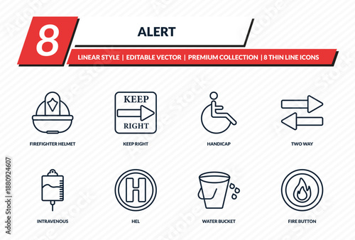alert icons set - firefighter helmet, keep right, handicap, two way, fire button outline vector collection.
