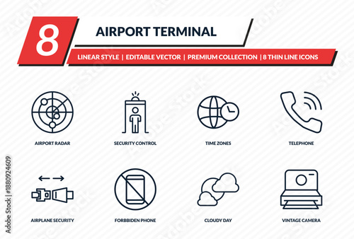 airport terminal icons set - airport radar, security control, time zones, telephone, vintage camera outline vector collection.