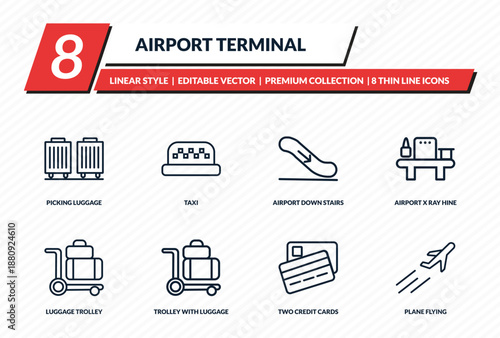 airport terminal icons set - picking luggage, taxi, airport down stairs, airport x ray hine, plane flying outline vector collection.
