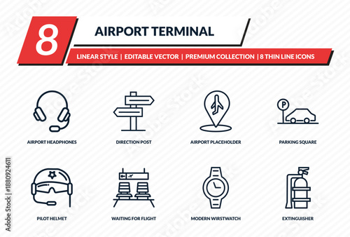 airport terminal icons set - airport headphones, direction post, airport placeholder, parking square, extinguisher outline vector collection.