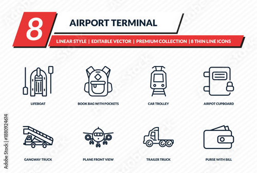airport terminal icons set - lifeboat, book bag with pockets, car trolley, airpot cupboard, purse with bill outline vector collection.