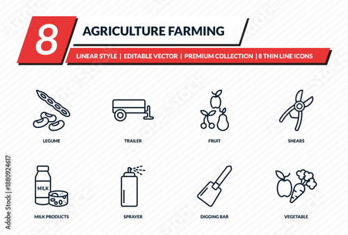 agriculture farming icons set - legume, trailer, fruit, shears, vegetable outline vector collection.