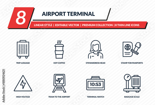 airport terminal icons set - trip luggage, hot coffee, stewardress head, stamp for passports, baggage scale outline vector collection.