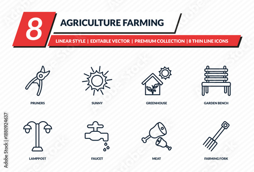 agriculture farming icons set - pruners, sunny, greenhouse, garden bench, farming fork outline vector collection.