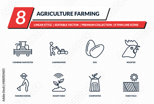 agriculture farming icons set - combine harvester, lawnmower, egg, rooster, farm field outline vector collection.