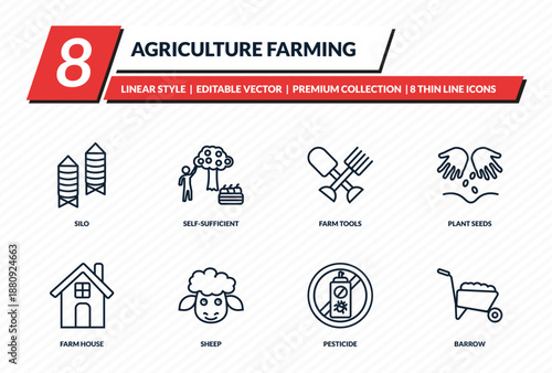 agriculture farming icons set - silo, self-sufficient, farm tools, plant seeds, barrow outline vector collection.