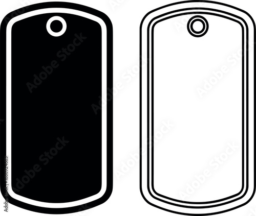 Black and White Military Dog Tag Vector Illustration Set Blank Identification Label Templates for Custom Engraving Name Plates and Silhouettes