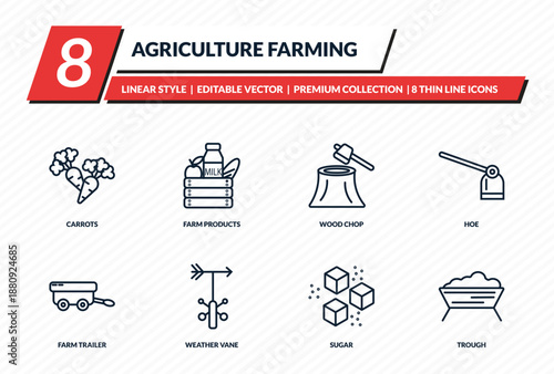 agriculture farming icons set - carrots, farm products, wood chop, hoe, trough outline vector collection.